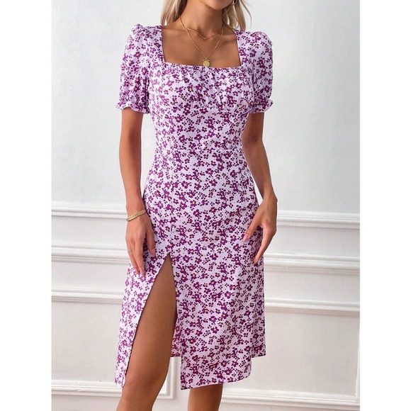 preppy Floral Print Puff Sleeve Split Thigh mini Dress - Picture 2 of 12